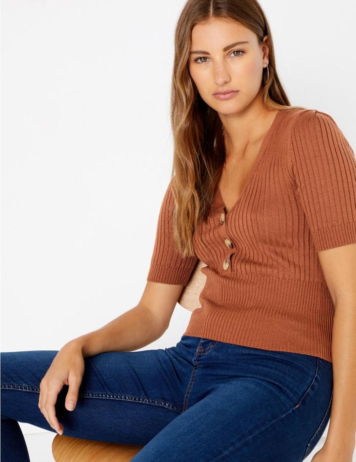 Marks & Spencer Knitted Button Detailed Short Sleeve Top Tan