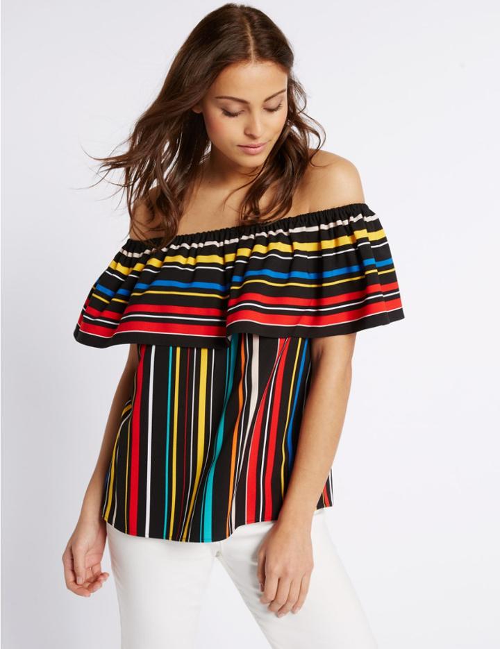 Marks & Spencer Striped Short Sleeve Bardot Top Multi