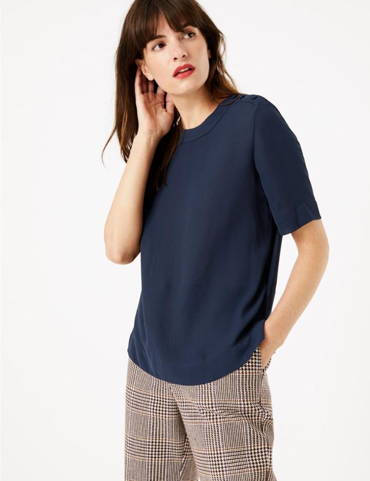 Marks & Spencer Shoulder Button Detail Woven T-shirt Navy