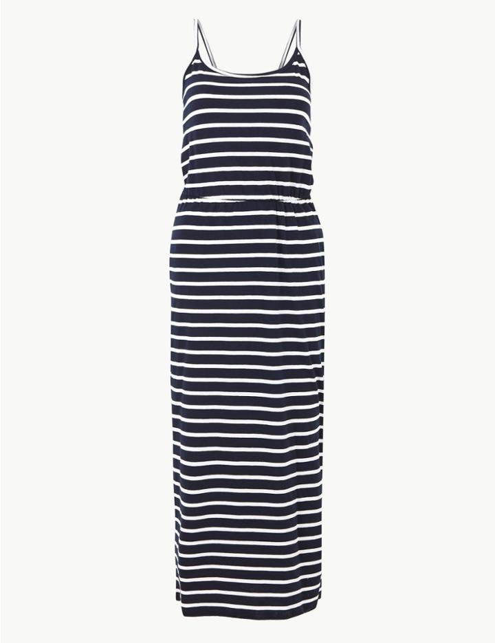 Marks & Spencer Petite Pure Cotton Striped Slip Maxi Dress Navy Mix
