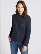 Marks & Spencer Cotton Blend Cable Knit Button Sleeve Jumper Navy