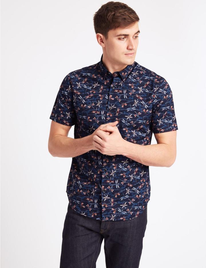 Marks & Spencer Pure Cotton Slim Fit Dragonfly Print Shirt Dark Midnight