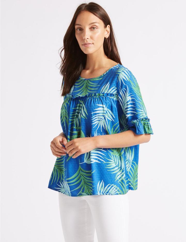 Marks & Spencer Printed Round Neck 3/4 Sleeve Blouse Blue Mix
