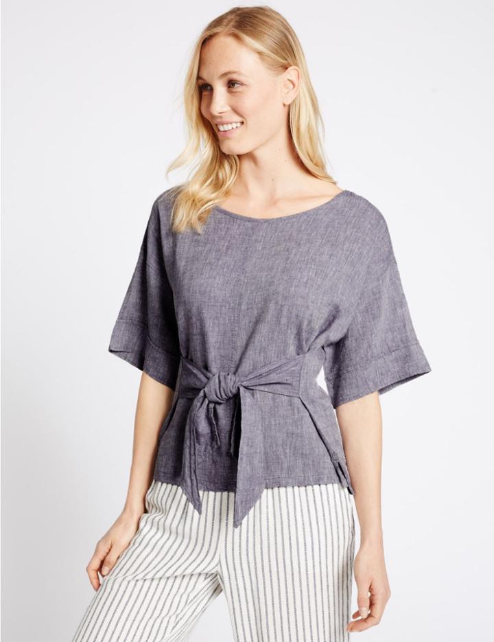 Marks & Spencer Linen Rich Tie Front Half Sleeve Shell Top Chambray