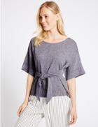 Marks & Spencer Linen Rich Tie Front Half Sleeve Shell Top Chambray