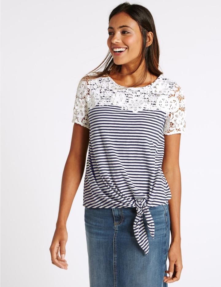 Marks & Spencer Pure Cotton Striped Tie Side Jersey Top Navy Mix