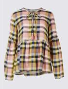 Marks & Spencer Cotton Rich Checked Long Sleeve Blouse Pink Mix