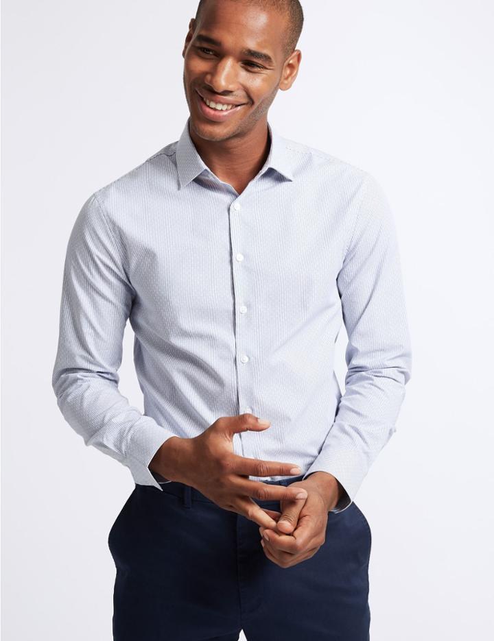 Marks & Spencer Pure Cotton Skinny Fit Shirt White Mix