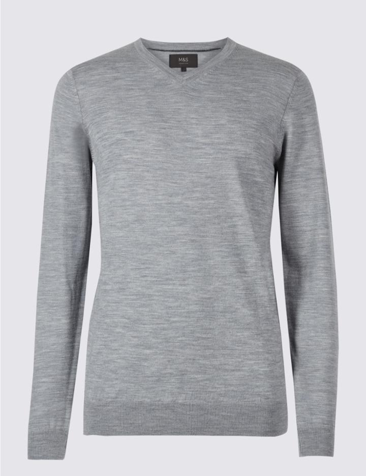Marks & Spencer Pure Merino Wool V-neck Jumper Blue/grey