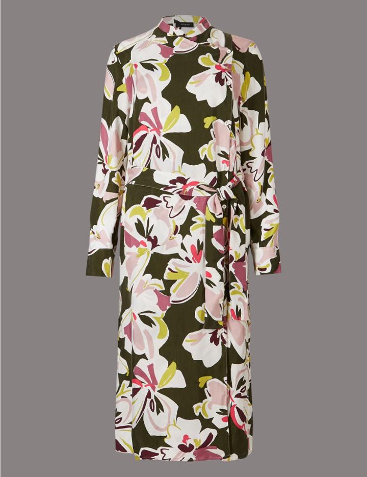 Marks & Spencer Pure Cotton Floral Print Shirt Midi Dress Khaki Mix