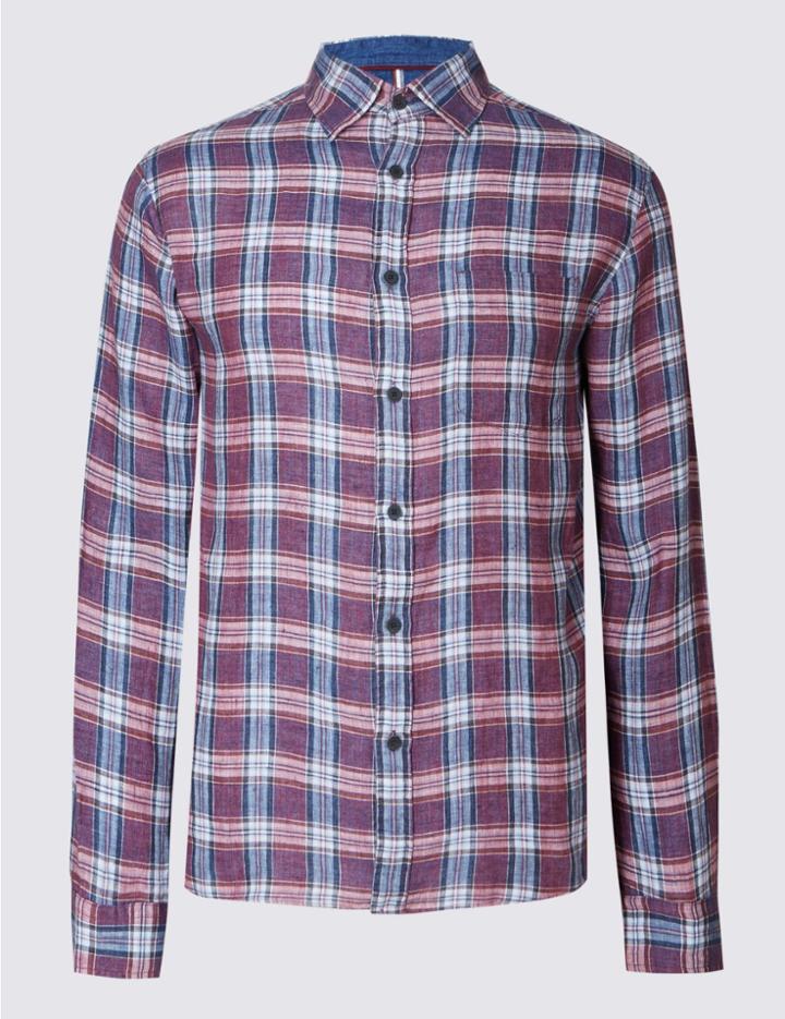 Marks & Spencer Pure Linen Checked Shirt With Pocket Red Mix