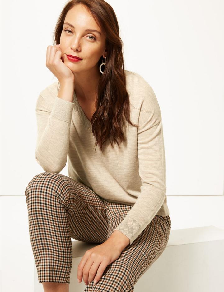 Marks & Spencer Pure Merino Wool V-neck Long Sleeve Jumper Mole