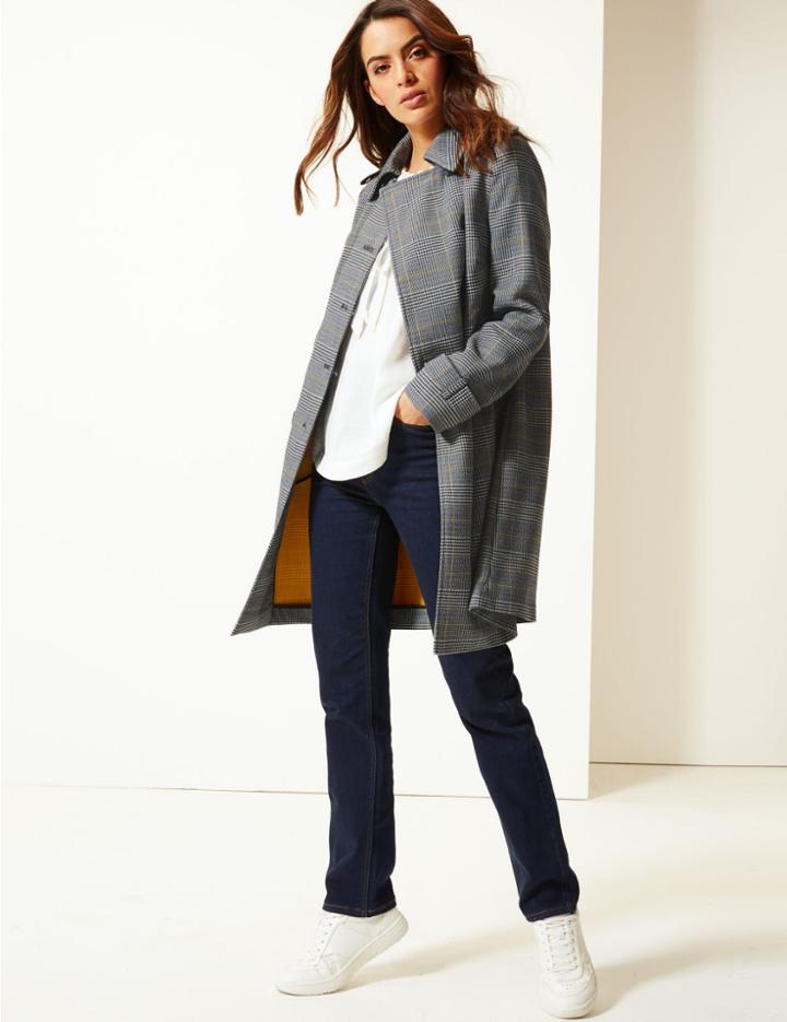 Marks & Spencer Checked Double Breasted Coat Navy Mix