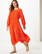 Marks & Spencer Jacquard Print Waisted Midi Dress Bright Orange