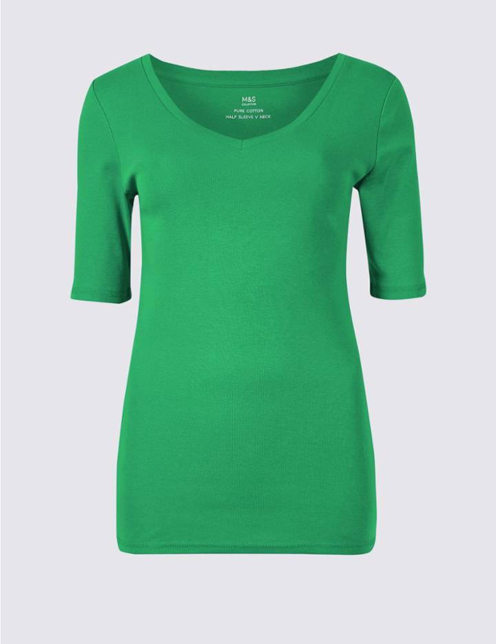 Marks & Spencer Pure Cotton V-neck Half Sleeve T-shirt Green