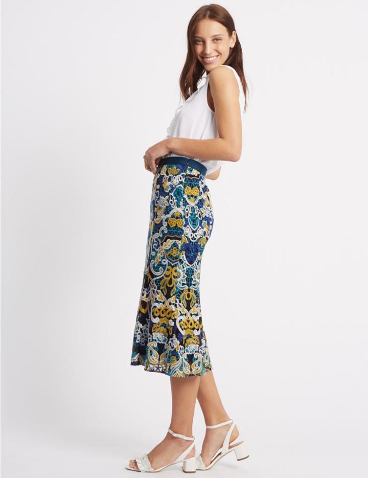 Marks & Spencer Fluted Hem Embroidered Pencil Midi Skirt Yellow Mix