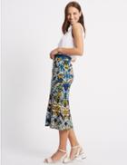 Marks & Spencer Fluted Hem Embroidered Pencil Midi Skirt Yellow Mix