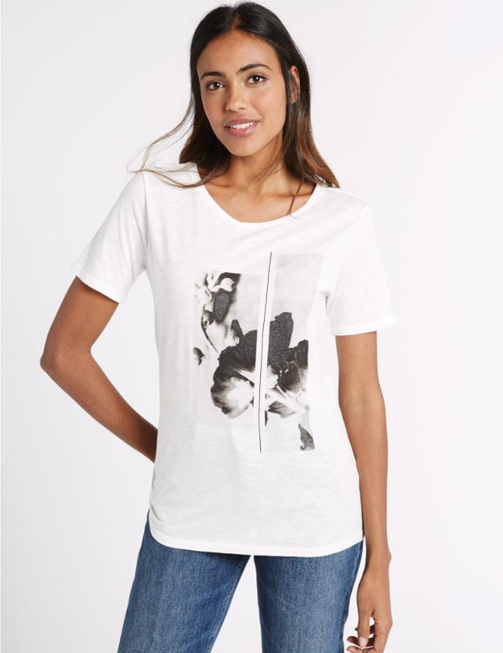 Marks & Spencer Cotton Blend Graphic Print T-shirt White Mix