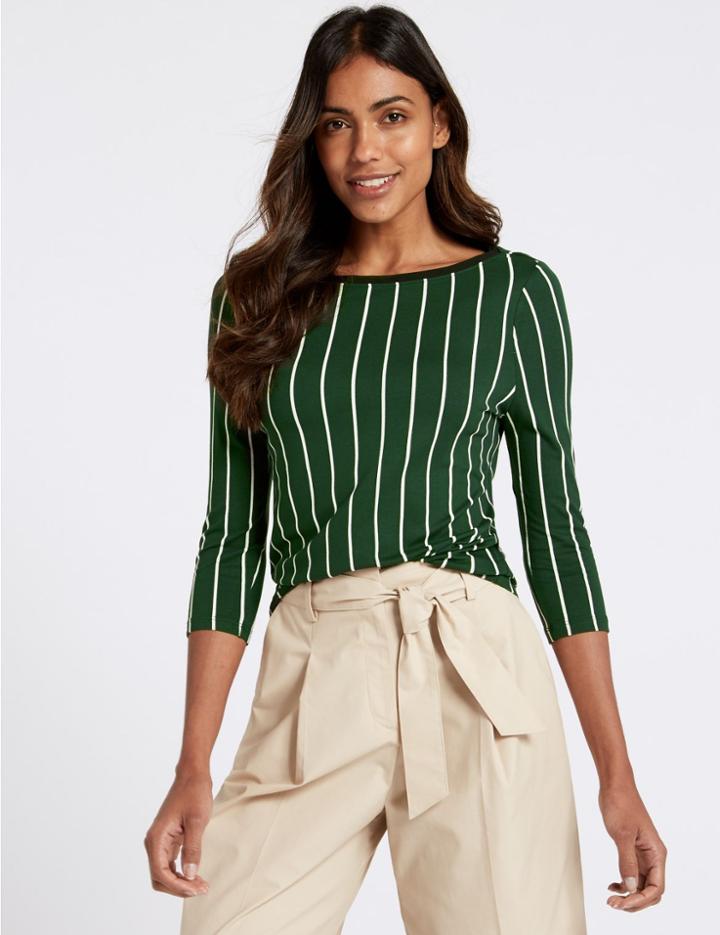 Marks & Spencer Striped Slash Neck Long Sleeve Top Green Mix