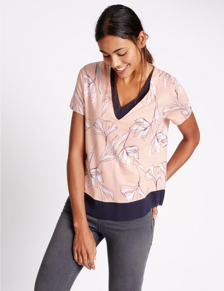 Marks & Spencer Floral Print V-neck Jersey Top Pink Mix