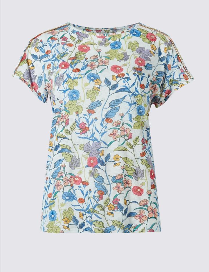 Marks & Spencer Floral Print Piping Detail T-shirt Ivory Mix