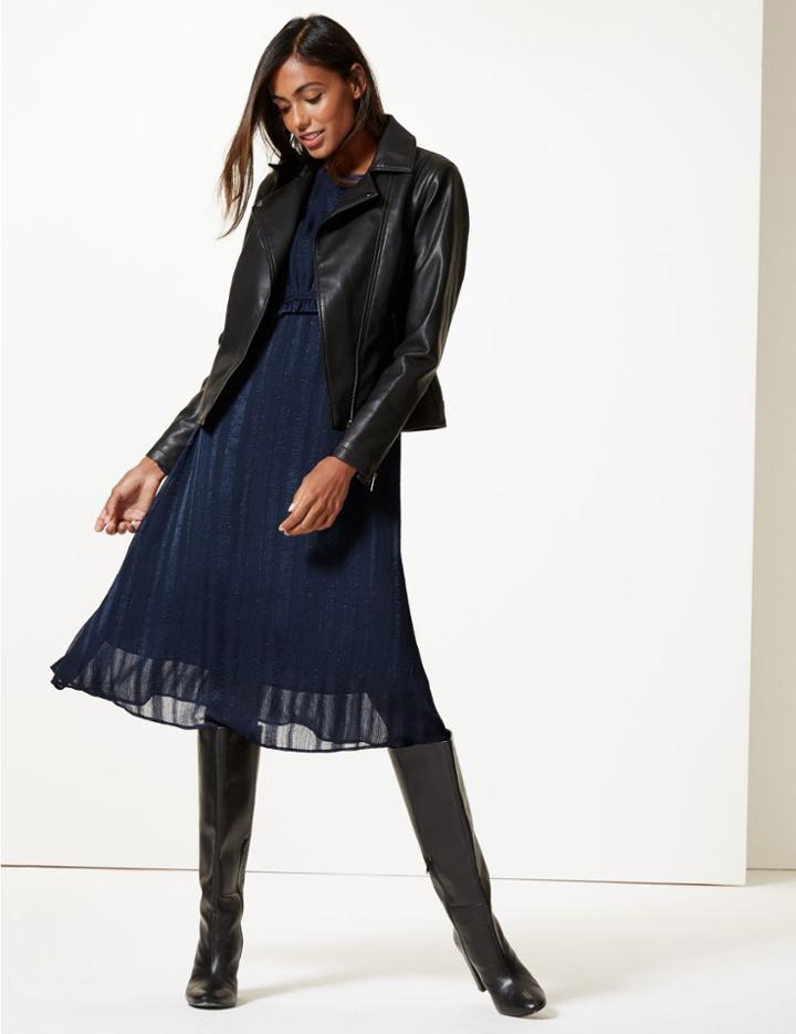 Marks & Spencer Textured Long Sleeve Shift Midi Dress Navy