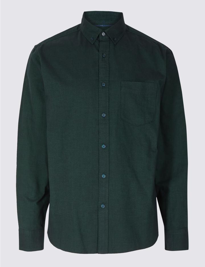 Marks & Spencer Pure Cotton Plain Oxford Shirt Evergreen