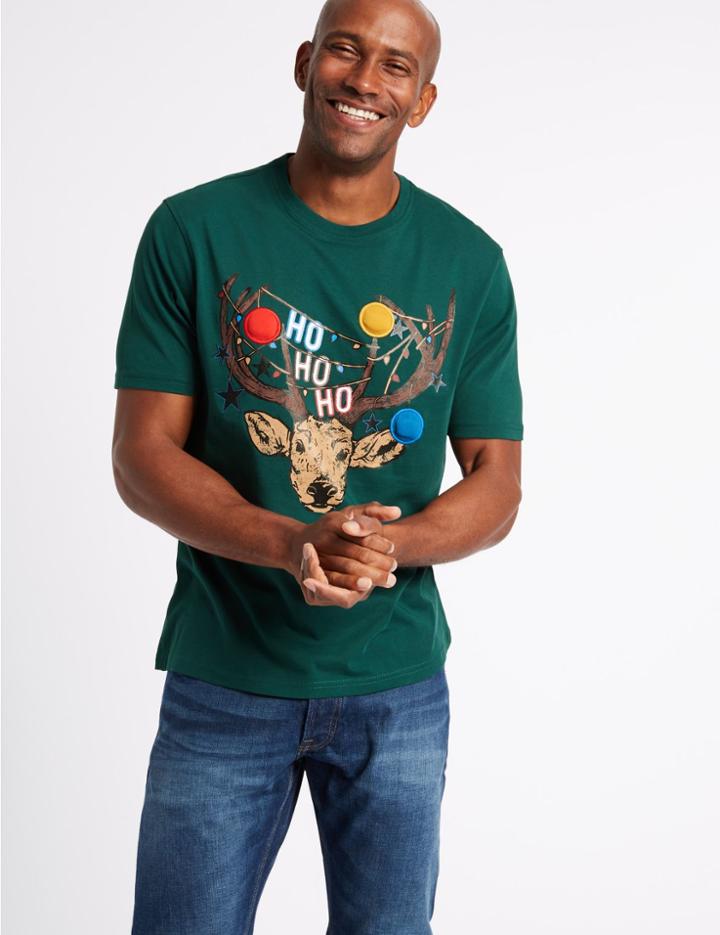 Marks & Spencer Pure Cotton Printed Crew Neck T-shirt Green