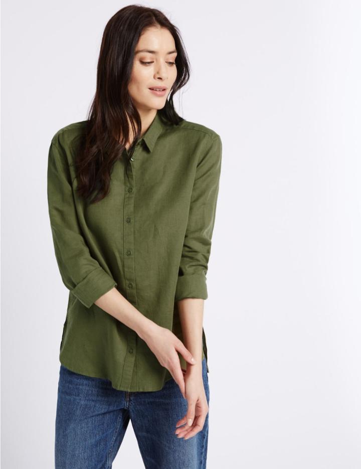 Marks & Spencer Linen Rich Long Sleeve Shirt Khaki