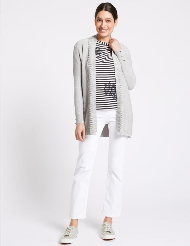 Marks & Spencer Textured Stitch Neck Detail Cardigan Mid Grey Marl