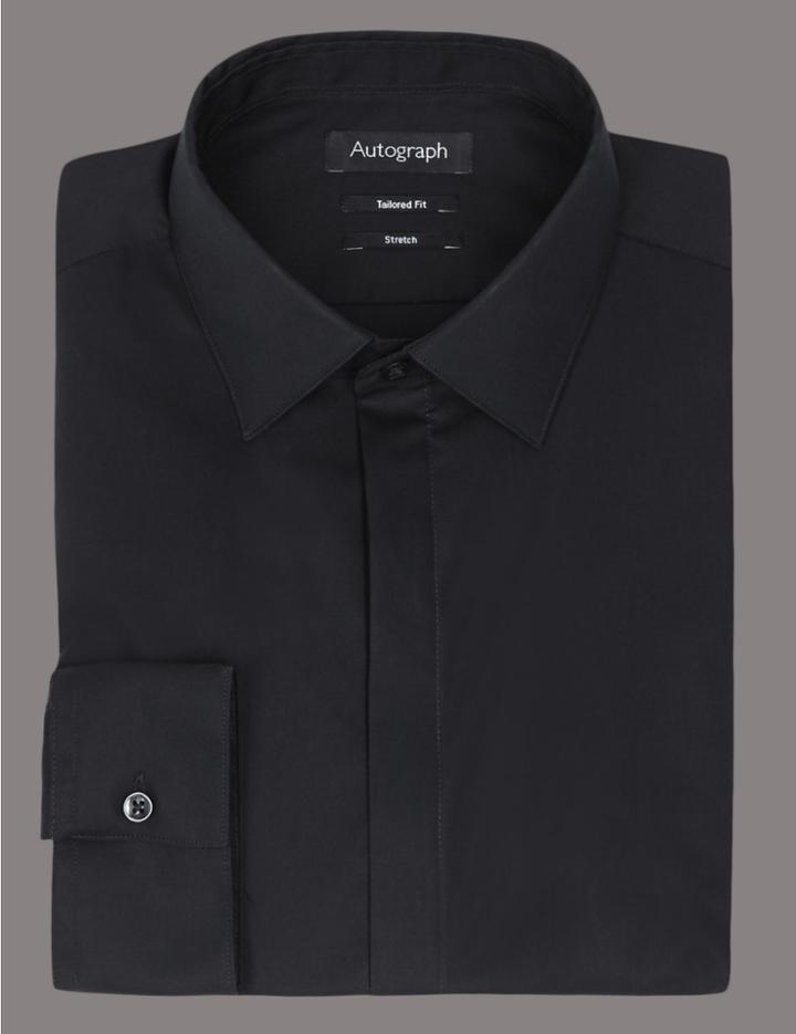 Marks & Spencer Cotton Rich Tailored Fit Shirt With Stretch Black