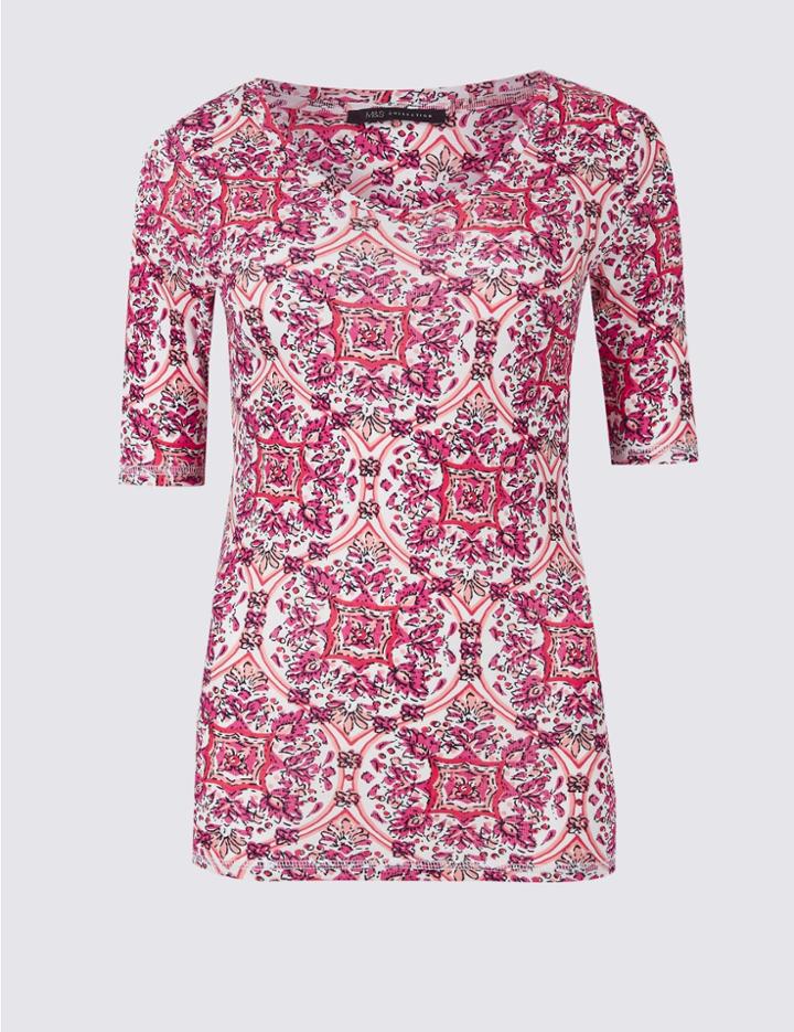 Marks & Spencer Pure Cotton Floral Print Half Sleeve T-shirt Pink Mix