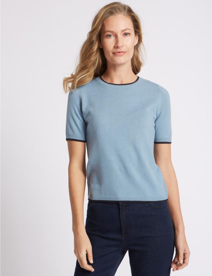 Marks & Spencer Tipped Round Neck Jumper Soft Blue