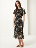 Marks & Spencer Floral Print Waisted Midi Dress Navy Mix