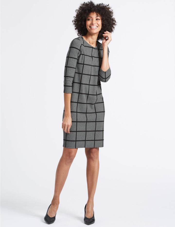 Marks & Spencer Checked 3/4 Sleeve Shift Dress Grey Mix