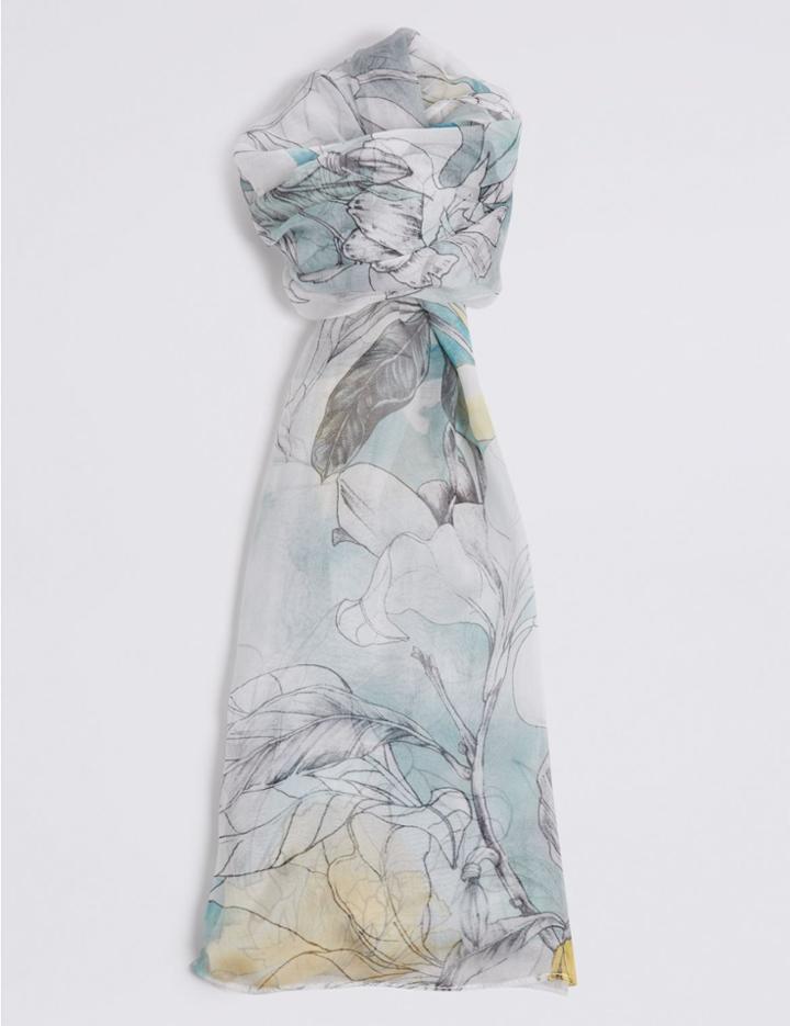 Marks & Spencer Pure Silk Floral Print Scarf Grey Mix