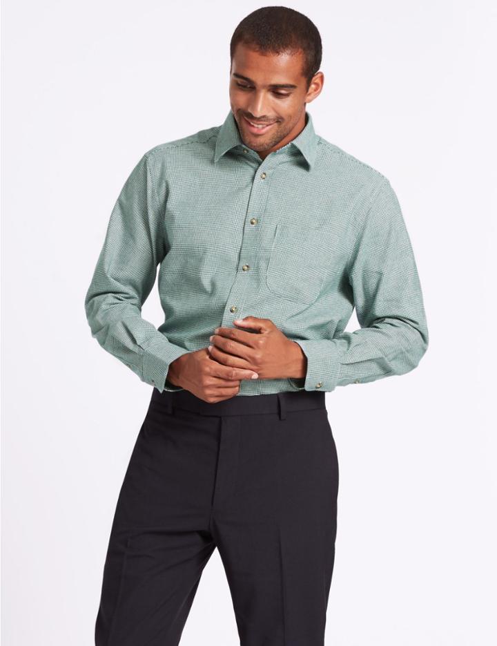Marks & Spencer Pure Cotton Regular Fit Shirt With Pocket Dark Green Mix