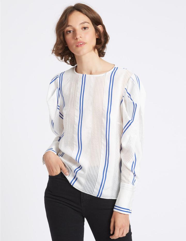 Marks & Spencer Striped Round Neck Puff Sleeve Shell Top White Mix
