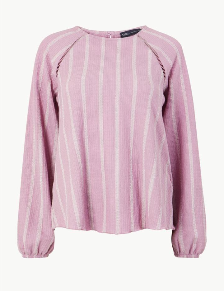 Marks & Spencer Striped Round Neck Long Sleeve Blouse Lilac Mix