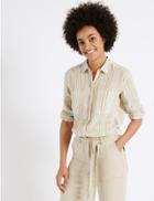 Marks & Spencer Pure Linen Striped Long Sleeve Shirt Gold Mix