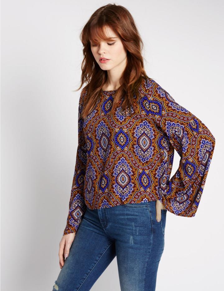 Marks & Spencer Tile Print Long Sleeve Shell Top Ivory Mix