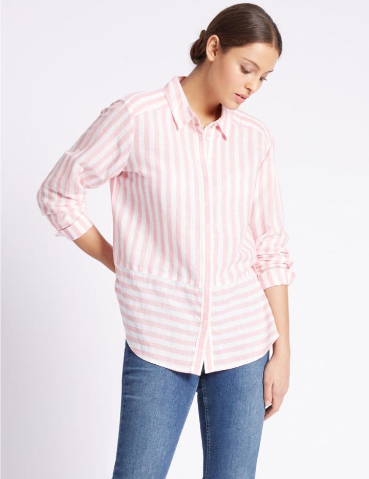 Marks & Spencer Linen Rich Striped Long Sleeve Shirt Pink Mix