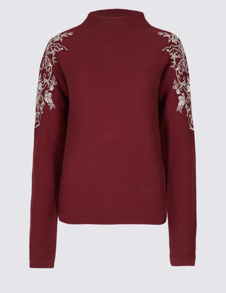 Marks & Spencer Pure Cotton Embroidered Round Neck Jumper Burgundy