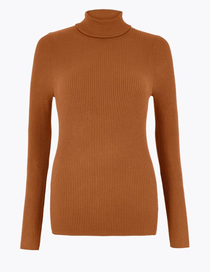 Marks & Spencer Ribbed Polo Neck Jumper Tan