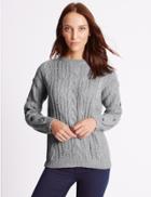 Marks & Spencer Cotton Blend Cable Knit Button Sleeve Jumper Grey Marl