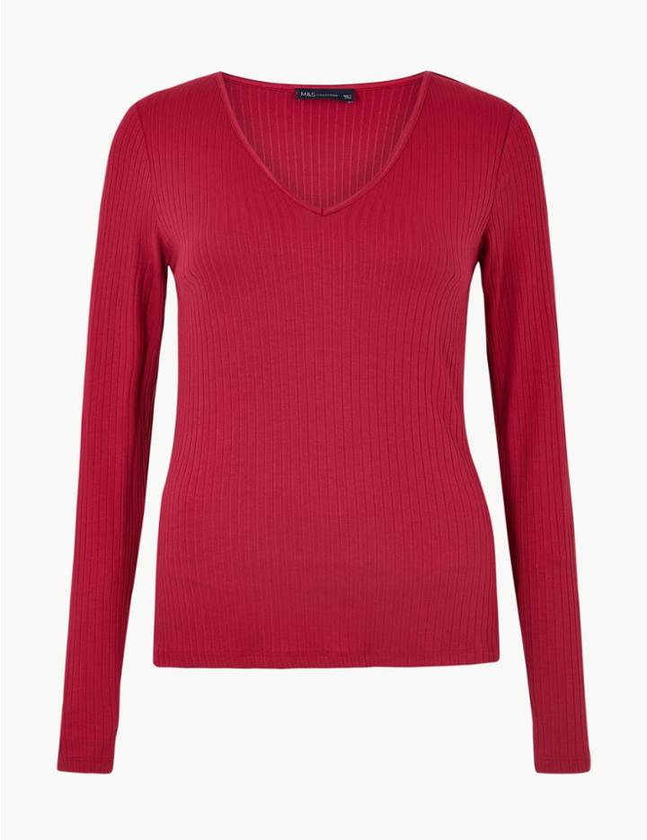Marks & Spencer Ribbed V Neck Long Sleeve Fitted Top Rowan