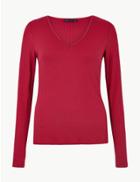 Marks & Spencer Ribbed V Neck Long Sleeve Fitted Top Rowan