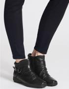 Marks & Spencer Wide Fit Leather Side Zip Ruched Ankle Boots Black