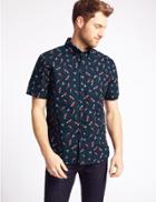 Marks & Spencer Pure Cotton Regular Fit Parrot Print Shirt Navy