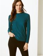 Marks & Spencer Shimmer Ribbed Round Neck Long Sleeve Top Green